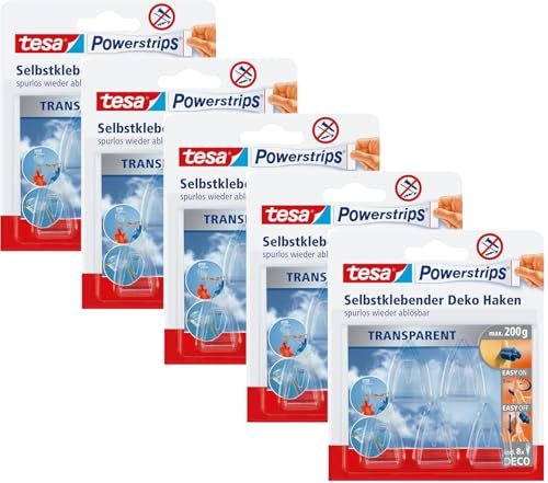 tesa Powerstrips DECO Haken SMALL - 5 Klebehaken für Deko an Glas und Spiegel - bis zu 200 g Haltekraft (5 Packungen)