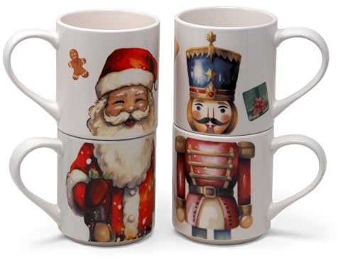 Santa and Nutcracker Christmas Stacker Mugs - Set of 4 Cups