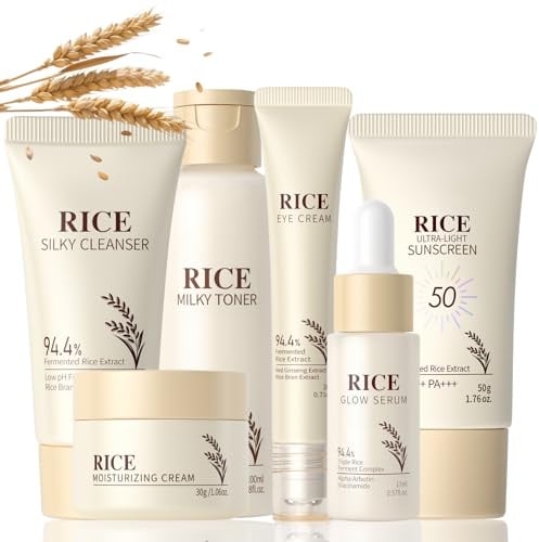 6 Stück Reis Korean Skincare Set, Reis Gesichtspflege Set Damen mit Cleanser, Toner, Serum, Gesichtscreme, Augencreme & Sonnencreme, Feuchtigkeitsspendendes & Anti Aging Geschenkset für Frauen