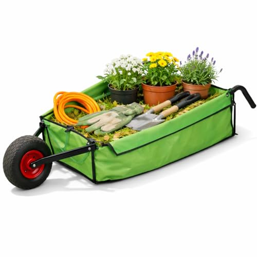 Folding Garden Wheelbarrow Cart – Collapsible Fabric Yard Trolley with Steel Frame, Heavy Duty Garden Waste Carrier, 80kg Load Capacity for Leaves, Soil, Tools & Lawn Work (Green)