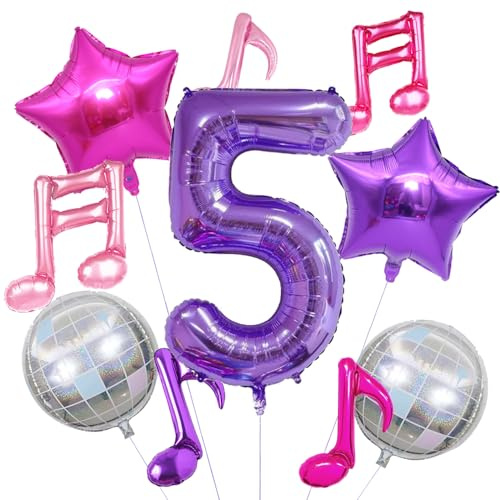 10 Stück Kpop Geburtstagsdekorationen Musiknoten-Luftballons Lila 101,6 cm Zahlen-Folienballon Discokugel Ballons für Kpop Sänger Magische Musik Motto Party Supplies (Nummer 6)