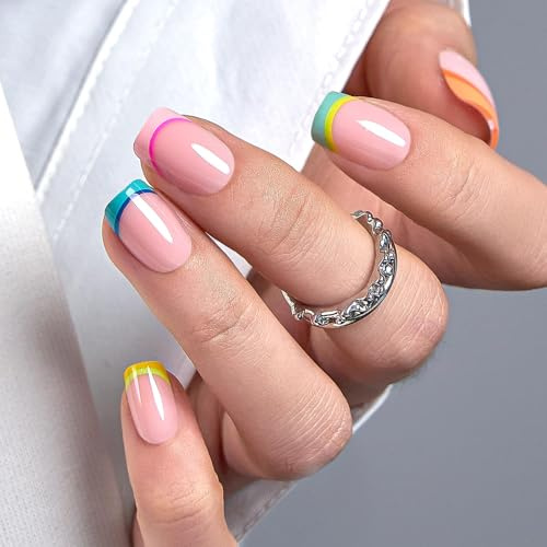CurvLife Short Square Rainbow Design Press On Nails, Multicolor,Soft Gel | 32PCS in 16 Sizes, Salon-Quality Fake Nails, Curved Fit, Glue-On Nails with 7-14 Day Wear, Reusable Stick-On Nails