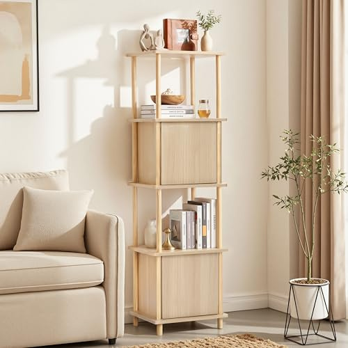 Hometopia Bücherregal 148 cm, schmal mit Türen | Holz, Standregal mit Türen, vielseitig als Raumteiler & Aufbewahrung, für Wohnzimmer, Büro & Flur, stabil, pflegeleicht