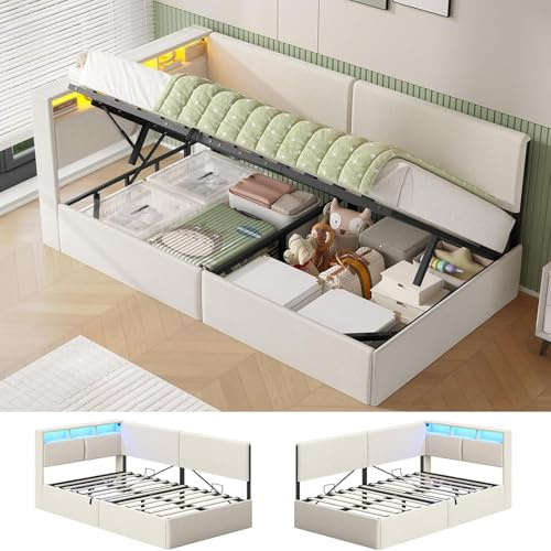 AOGLLATI Letto Singolo con Contenitore Idraulico 90x200 cm, Divano Letto Singolo con Testiera Imbottita y Luce LED Regolabile, Struttura Letto Singolo con Stazione di Rricarica, Salvaspazio, Beige