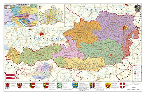 Österreich politisch PLZ und Organisationskarte Wandkarte mit Metallbeleistung NEUE AUFLAGE