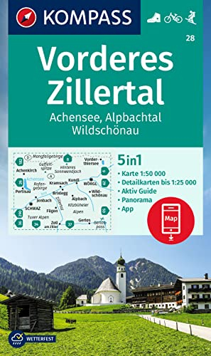 KOMPASS Wanderkarte 28 Vorderes Zillertal 1:50.000: markierte Wanderwege, Hütten, Radrouten