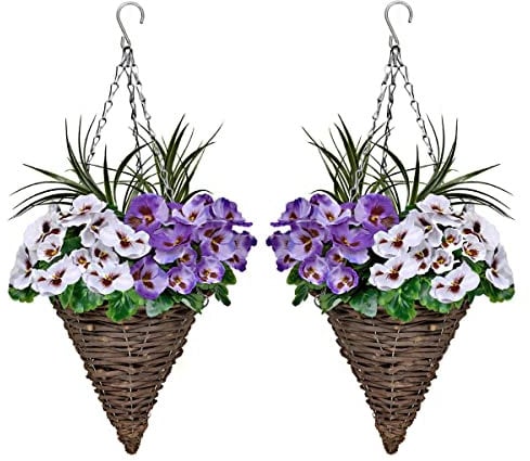 2 x Cone Shaped Hanging Baskets with Purple & White Flowers and Decorative Grasses (Set of 2)