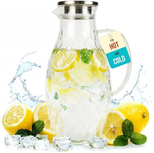 Glaskrug mit Deckel und Ausguss – 3 Liter, Borosilikatglas mit Henkel – Karaffe für Heiß- und Kaltgetränke – Wasserkrug – Eisteekrug – von PJC-Kitchen