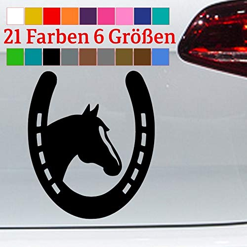 generisch Hufeisen mit Pferd Aufkleber Horse Pony Stall Horsehoe Glücksbringer JDM Love HP in 6 Größen und 21 Farben