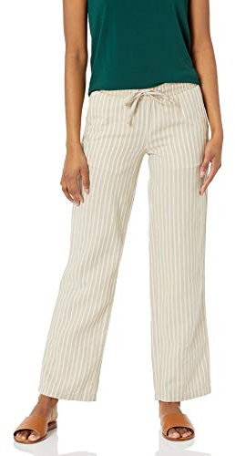 Amazon Essentials Women's Linen Blend Drawstring Relaxed-Fit Wide-Leg Trouser (Available in Plus Size), Ecru Stripes, L
