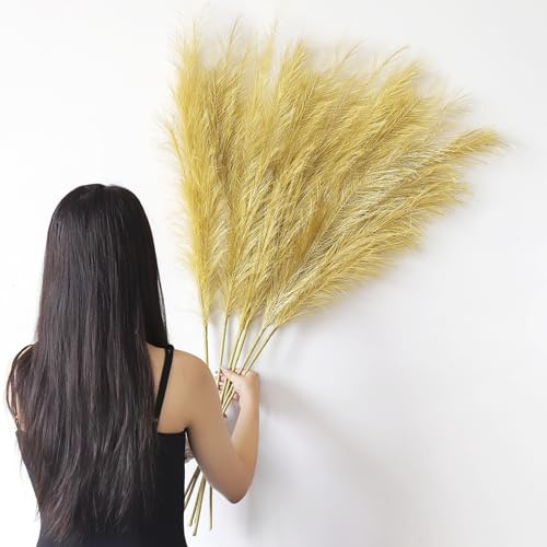 YiYa Gold Pampas Grass Fluffy 6 Pcs Artificial Pampas Grass 113CM Faux Large Pampas Grass for Floor Vases Tall Plant Flowers Boho Home Decor Office Decor