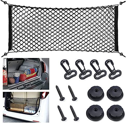 FYY Universal Rear Cargo Net, Adjustable Elastic Nylon Rear Trunk Cargo Storage Organizer 35.5 x 15.7 with Hooks and Screws Fit for Car,Jeep,Suv, Truck Black