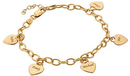 MyNameNecklace MYKA Personalisierte Gravierbares Armband mit Herz Charms aus Sterling Silber 925 / Vergoldet - Schmuck Geschenk für Damen - Mutter - Freundin (750er Gold-Vermeil)