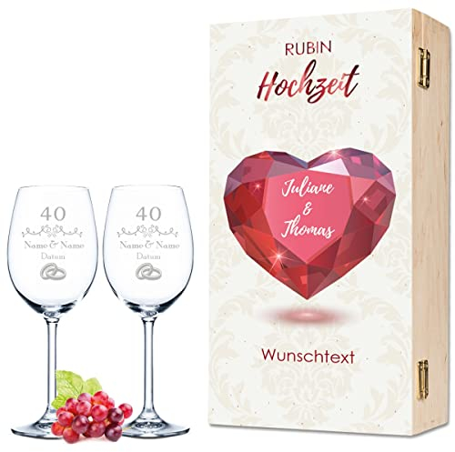 Leonardo Weingläser mit Gravur - Rubinhochzeit Design - Personalisiert mit Namen & Datum inkl. Holzkiste - Geschenk zur Hochzeit Verlobung Jahrestag Farbe Daily
