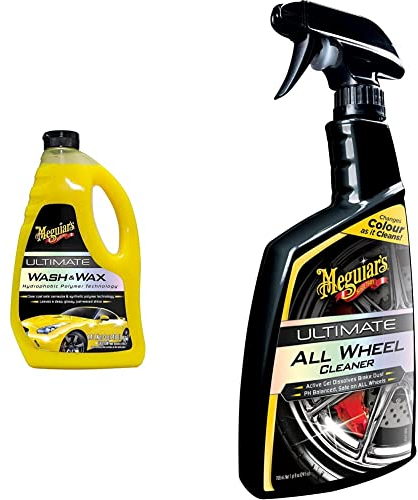 Meguiar's G17748EU Ultimate Car Wash & Wax 1.4L, Shampoo that leaves a deep, glossy, just-waxed shine & G180124EU Ultimate All Wheel Cleaner Iron Remover 709ml, Changes colour as it cleans!