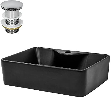 ML-Design Lavabo à Poser en Céramique Noir Mat, 490 x 365 x 140 mm, Rectangulaire, avec Bouchon de Vidange 1 1/4 Universel Push Open, Vasque Évier Lave-Mains pour Salle de Bain, Design Minimaliste