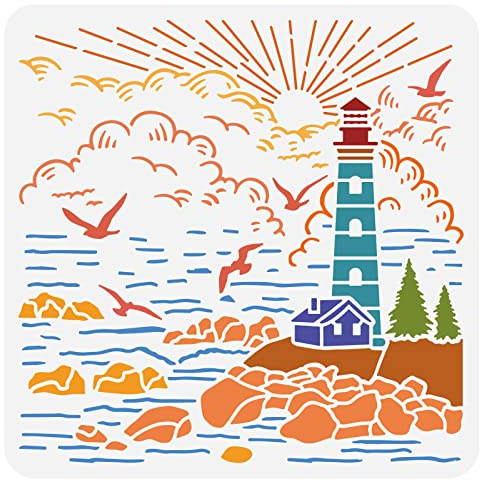 BENECREAT Nautische Leuchtturm-Schablone, Seagull Sun Wiederverwendbare Zeichenschablonen 12x12/30x30 cm DIY Bastelvorlage Für Raumdekoration DIY Crafts Scrapbook
