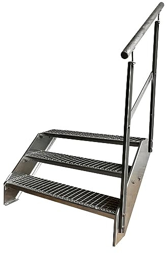 Kaminbau Mierzwa Premium Stahl Treppe Geländer Rechts Verzinkt 3 Stufen (Breite 1400 mm) (Höhe 57 cm) Wetterfest Gitterroststufe Gartentreppe