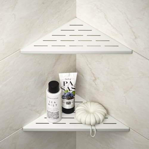 Bernkot Corner Shower Shelf 10, White | 304 Stainless Steel Bathroom Shelf for Tiled Wall, Grout in Shelves, 2 Pack