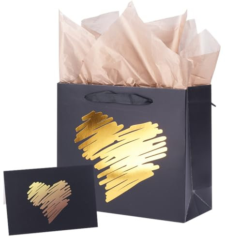 ysmile Kleine Geschenktüte schwarz mit Seidenpapier für Männer Geburtstag Party Jahrestag Vatertag 19,8 cm – Gold Herz