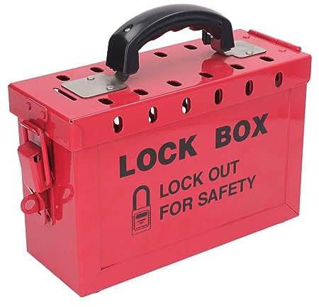Caja de Bloqueo de Grupo de Etiquetado y Bloqueo, Caja de Candado de Seguridad Portátil, Caja LOTO con Tapa con Bisagras y Pestillo, Caja de Bloqueo Roja de Acero Inoxidable