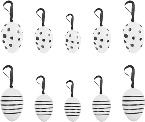 Super Idee 24 Ostern Ostereier Anhänger schwarz-weiß Osteranhänger verziert mit Punkten und Streifen Osterschmuck hängend für den Osterstrauch Osternest Ostergeschenk Set 6 cm Frühlingsdeko