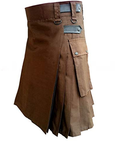 Duohropke Tartan Skirt Men's Original Sauna Kilt Men's Scottish Medieval Short Trousers Clothing Sauna Steampunk Outfit Pleated Skirt Viking, brown, XXXXL