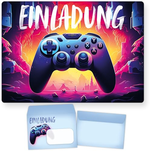 beriluDesign 12 Einladungskarten zum Kindergeburtstag mit Umschlägen - Gamer Party Jungen & Mädchen - Geburtstagseinladung