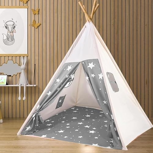 Camiraft Grau Kinder Tipi Zelt,Sternen klassisches indisches Spielzelt für Kinder,Kinderzelte aus Baumwolle für Mädchen und Jungen mit Tragetasche,faltbares Spielhaus für drinnen oder draußen
