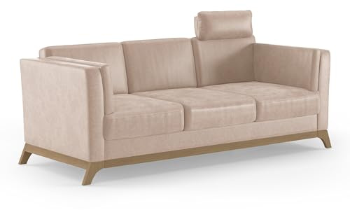 Cavadore 3er-Sofa Vida / 3-Sitzer Couch im trendigen Design mit massivem Holzrahmen in Buche, Kopfstütze mit Kuschelkissen / 213 x 84 x 93 / Mikrofaser, Beige