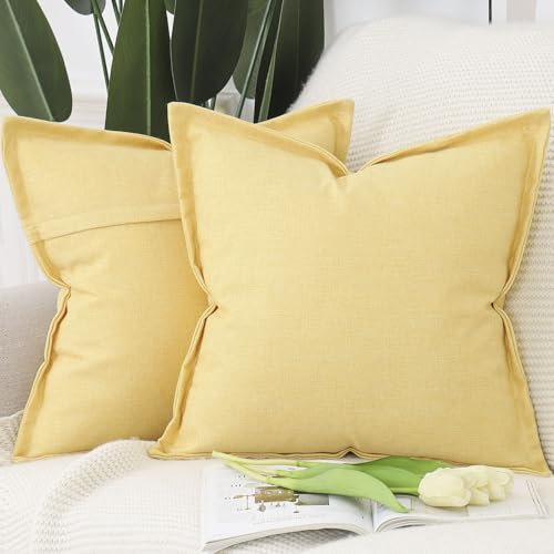 Madizz 2er Set Polyester Leinen Kissenbezügen mit breiter Kante Weiche dekorative Kissenbezüge für Sofa Schlafzimmer Kissenhülle Gelb 50x50 cm Quadrat