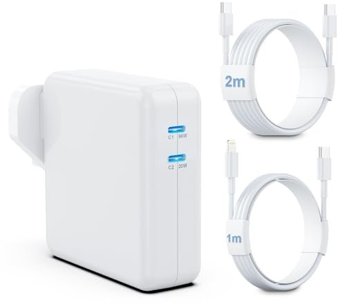 New MacBook Charger, 116W USB C Charger 2-Port Power Adapter Compatible with MacBook Pro 13/14/15/16-inch (2016–2025, M1/M2/M3/M5), MacBook Air 13/15-inch (2020–2025, M1/M2/M3/M4), USB C Cables(2M+1M)