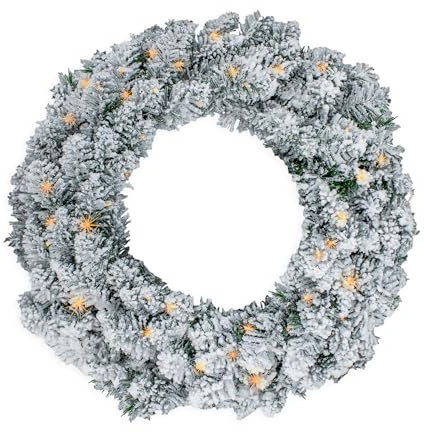 LED Tannenkranz mit Schnee und Glitzer warm weiß beleuchtet - 61 cm / 50 LED - Weihnachtskranz Batterie betrieben mit Timer - Tischkranz Türkranz Deko Kranz für Weihnachten Advent Winter