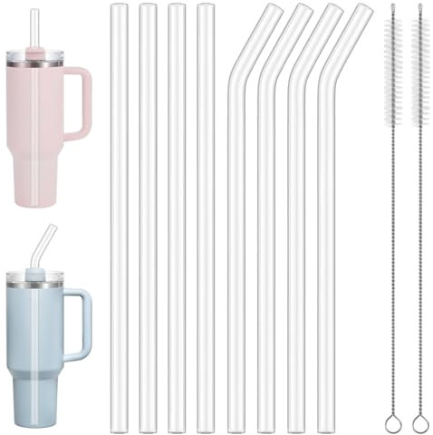 8 pcs 31 cm Straws for Stanley Cup, Reusable Glass Straws Drinking with Cleaning Brush, Long Straw for Drinking Clear Stanley Replacement Straw Compatible with Stanley Cup(4 Straight + 4 Bent)