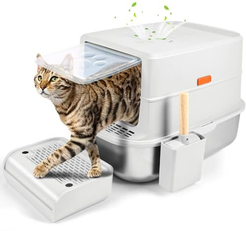Bartuke Edelstahl Katzenklo XXL mit Deckel, Geschlossenes Katzentoilette Große mit Abnehmbaren Spritzschutz und Deckel, Pedal, Auslaufsicher und Leicht zu Reinigen, Edelstahl Katzentoilette(Hell Grau)