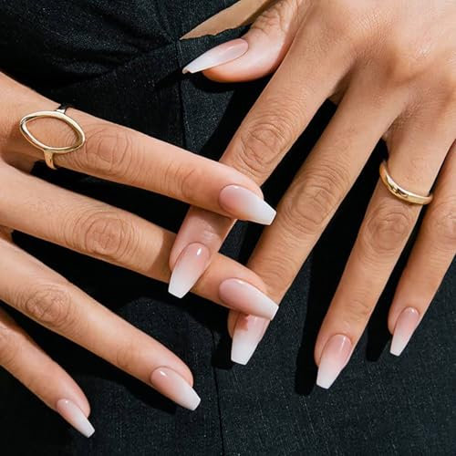 24PCS Long White Gradient French Fake Nails, Ballerina Press-on Nails - Nude French Nail Tips for Artificial Finger Manicure - Perfect for Women