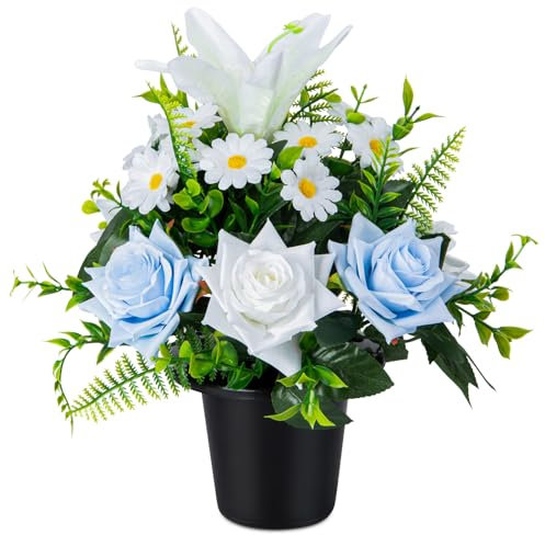 SIFOEL Fleurs funéraires artificielles en pots - Lys roses artificielles avec pot pour cimetière, funérailles, décoration extérieure (1, bleu et blanc)