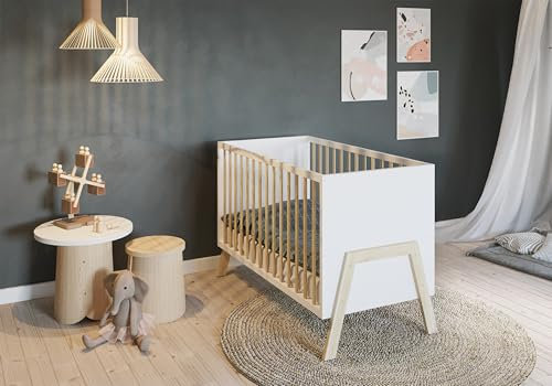 FabiMax Lunara Babybett, 3-Fach höhenverstellbar, Umbaubar zum Kinderbett (Matratze Comfort, Weiß/Natur, 120x60 cm)