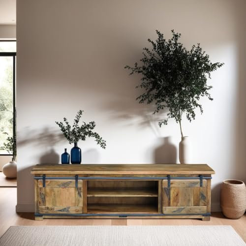 Raipur Extra Large TV Stand Unit Media Console in Solid Mango Wood with Rustic Distressed Natural Finish 2 Sliding Doors 2 Shelf 75 Inch Fully Assembled