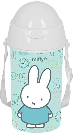 Miffy Friends Trinkflasche mit automatischem Öffnen, mit Strohhalm, Wasserflasche, BPA-frei, mit Umhängetasche, bequem und leicht, 500 ml, 7,3 x 19,5 cm, babyblau, M, Casual