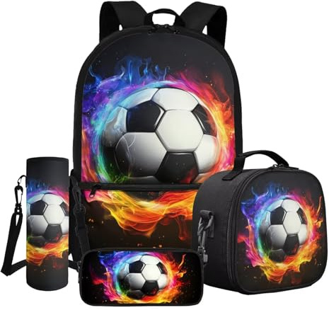 Dngkaoje Kinder-Schulrucksack-Set, 4-in-1, große Schultasche mit isolierter Lunchbox, Federmäppchen, Wasserflaschenhülle, Flame Soccer