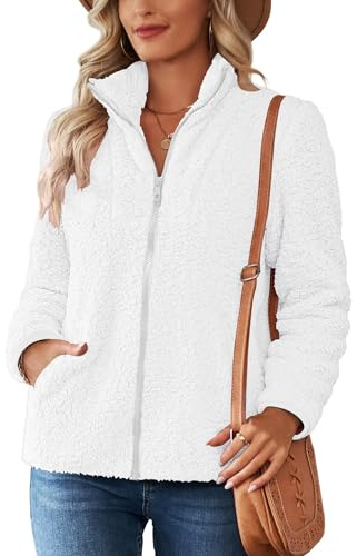 Pullover Damen Fleecepullover Teddyjacke Teddy Flauschiger Teddyfleece Jacke Kuschelpullover Winterjacke Fleecejacke Plüschjacke Kuscheljacke Kapuzenpullover Winter Mit Taschen Top (Z Weiß, M)