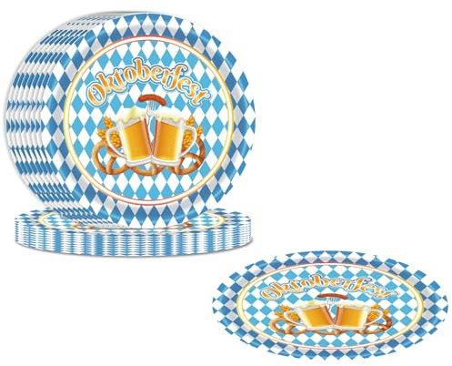 24 Stück Oktoberfest Pappteller, Bayerische Papierteller, Oktoberfest-Tischdeko Set, Blau und Weiß Rauten Pappteller, Partygeschirr für Oktoberfest Grillfeste, Oktoberfestparty Grillparty