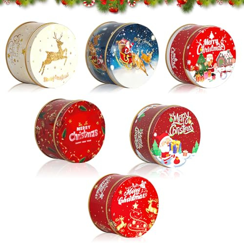 Dwafill Weihnachten Cookie Dosen mit Deckel, 6 Stück Runde Weihnachtsdosen Blech für Plätzchen Kekse, Cookie Box Plätzchendosen Metall Klein Set, Geschenkdosen Weihnachten Weihnachts Keksdosen Mini