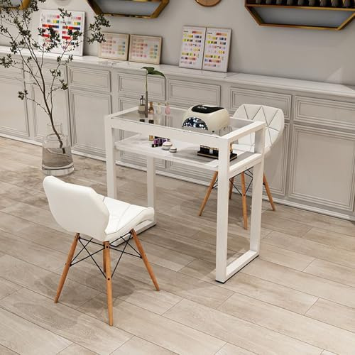 Mesa de manicura con parte superior de cristal, marco de metal, moderna estación de salón de belleza