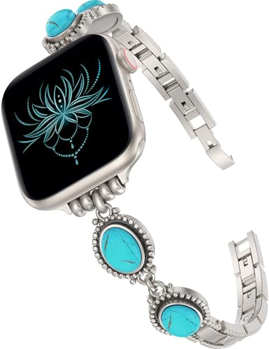 Wearlizer Pulsera de piedra turquesa compatible con Apple Watch Band de 42/41/40/38/46/45/44/49 mm, para mujer, de metal, hecha a mano, ajustable, repuesto para iWatch Ultra Series SE/10/9/8/7/6/5/4/3