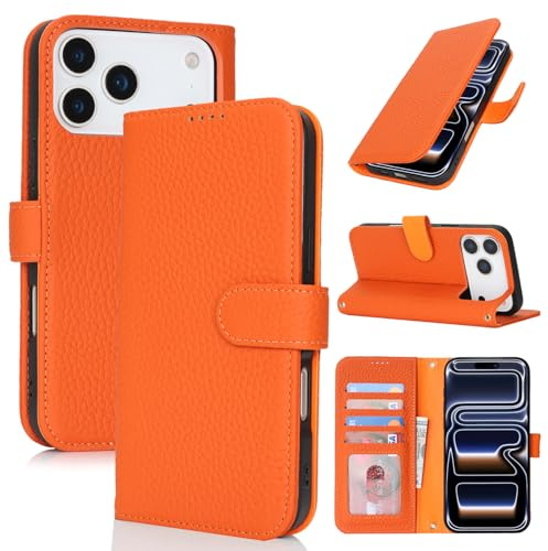 Zouzt Leather Wallet Case for iPhone 17 Pro (6.3), 4 Card Slot, Orange | Genuine Leather, Card Holder, Shockproof TPU Shell, Magnetic Closure, Protective Flip Folio Phone Cover, For Women Men