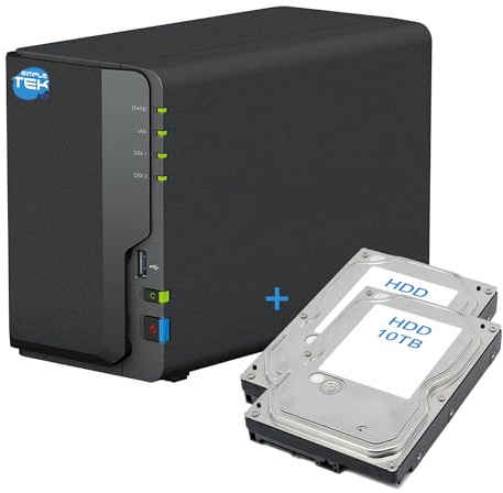 SIMPLETEK - Dispositivo di archiviazione di rete NAS a 2 bay con doppio HDD 10TB+10TB, Ethernet LAN Gigabit, Copia USB, 2GB DDR4