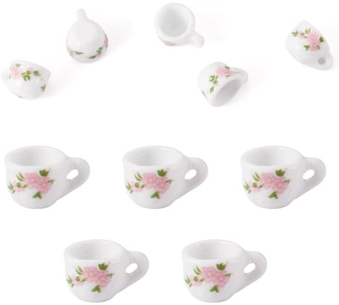 FASHEWELRY 5Pcs Porcelain Mini Tea Cup Miniature, Vintage Ceramic Coffee Mug Drink Dollhouse Micro Landscape Decoration Kitchen Play for Keychain Earring Making