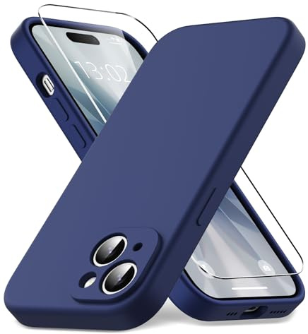Vansdon Coque pour iPhone 15,Housse Silicone Liquide Mince, Bleu Nuit | Doublure Microfibre Anti-Rayures, 1x Film de Protection en Verre Trempé, Protection Antichoc
